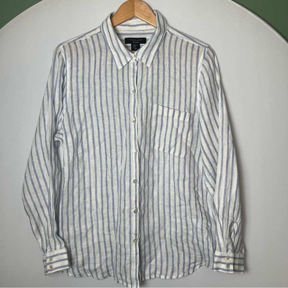 Tahari Women’s Button Up Blouse 100% Linen Blue White Stripe Coastal Boho XL